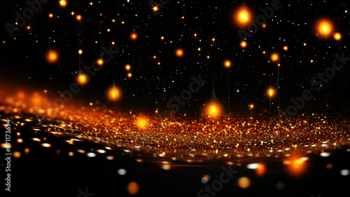 Holiday wallpaper with gold dust and falling stars isolated dark background abstract design with copy space. Background concept. AI generated.