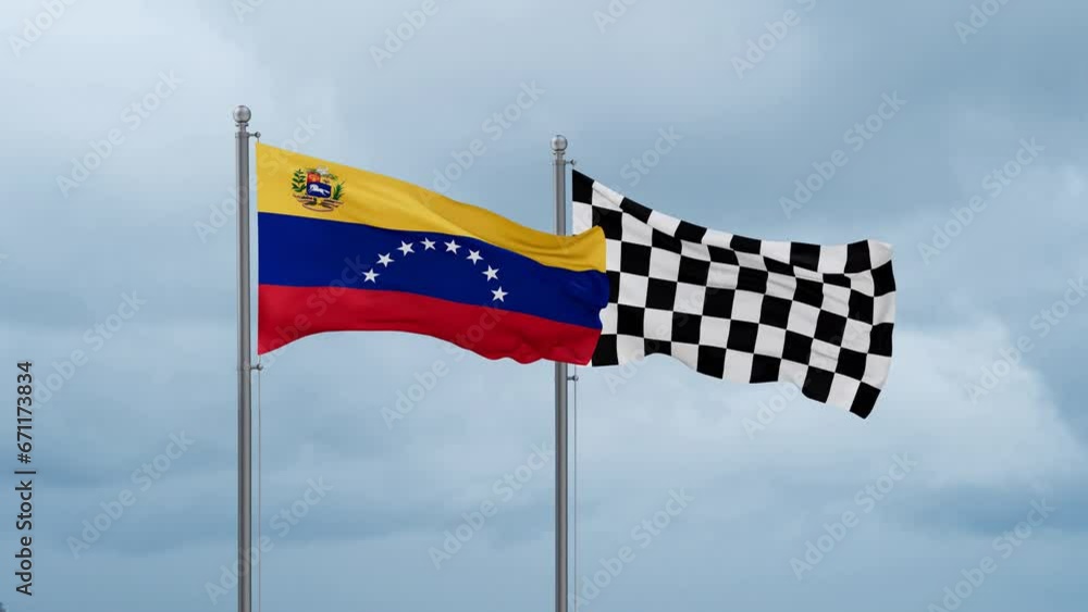 Venezuela flag and racing checkered flag waving together on cloudy sky, endless seamless loop Venezuela flag and racing checkered flag waving together on cloudy sky, endless seamless loop
