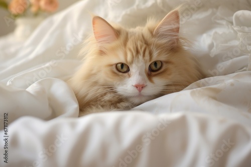 A cat laying on a bed with white sheets