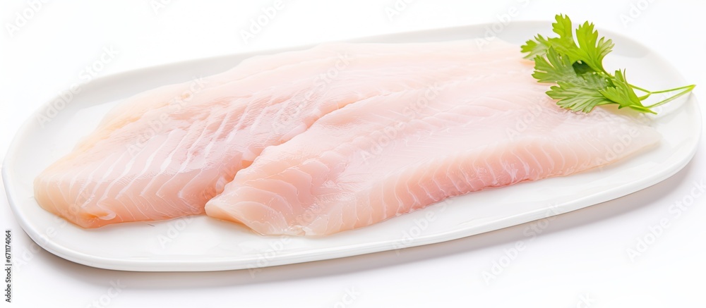 A cut of fish called Pangasius is shown alone on a white background A cut of fish called Pangasius is shown alone on a white background