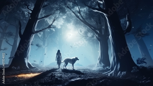 wild girl with her wolf standing in the forest, digital art style, illustration. Generative AI