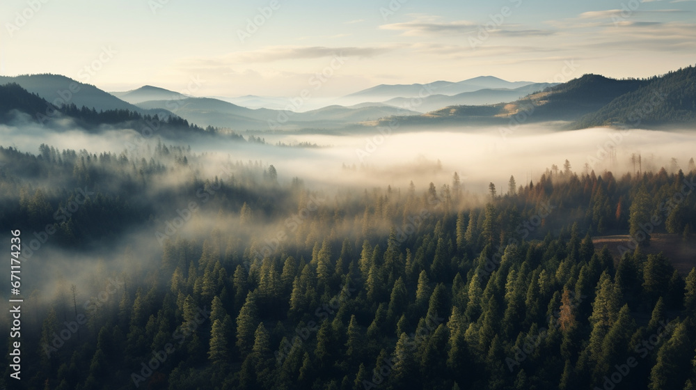 fogged Pine forests, bird eye view. Generative AI - obrazy, fototapety, plakaty 