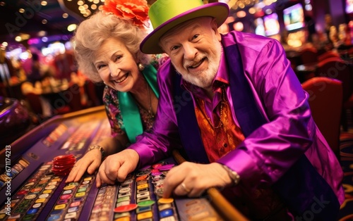 Grandma and grandpa in a crowded casino with slot machines, card tables, chips