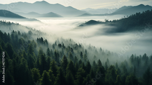 fogged Pine forests, bird eye view. Generative AI © Fuji
