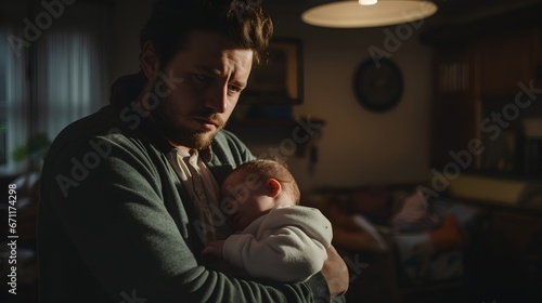 Fathers postpartum depression. Sad PPD condition after having baby. Sadness, anxiety, worry and tiredness that last for a long time after newborn birth. Man nursing infant. Tired male with children. photo