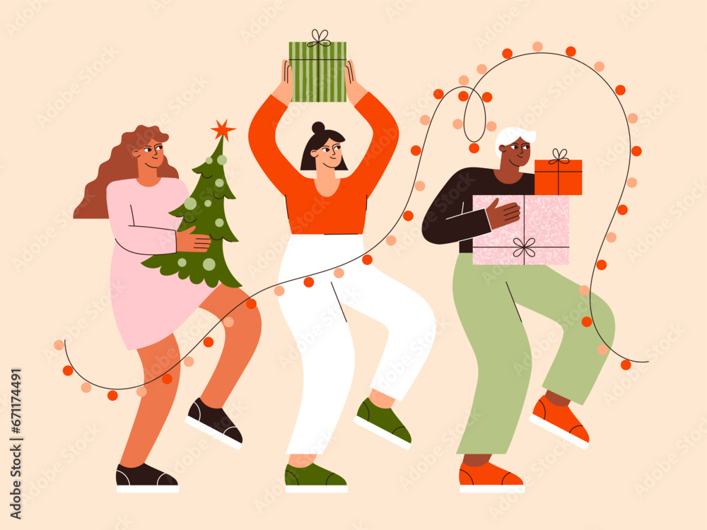 Christmas people vector flat illustration. Group of people carrying Christmas gifts. Friends celebrate New Year. Winter holidays. Christmas party