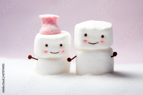 Two Marshmallow Snowmen on Background