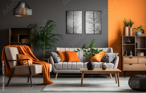 Stylish orange colour living room with design furniture, plants, book stand and wooden desk. Modern decor of bright room. Created with Generative AI © Yevhen