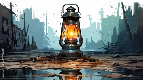  a lantern sitting on top of a puddle of water next to a tall building with a reflection of it on the ground in front of a puddle of the water.  generative ai