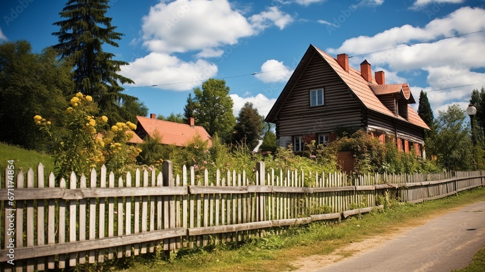 Summer view of a traditional mountain house's fence from a hamlet street, Szczawnica, Pieniny Mountains, Poland Summer view of a traditional mountain house's fence from a hamlet street, Szczawnica, Pieniny Mountains, Poland