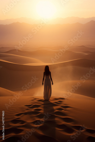 Sunset Over Sand Dunes with Woman Silhouette
