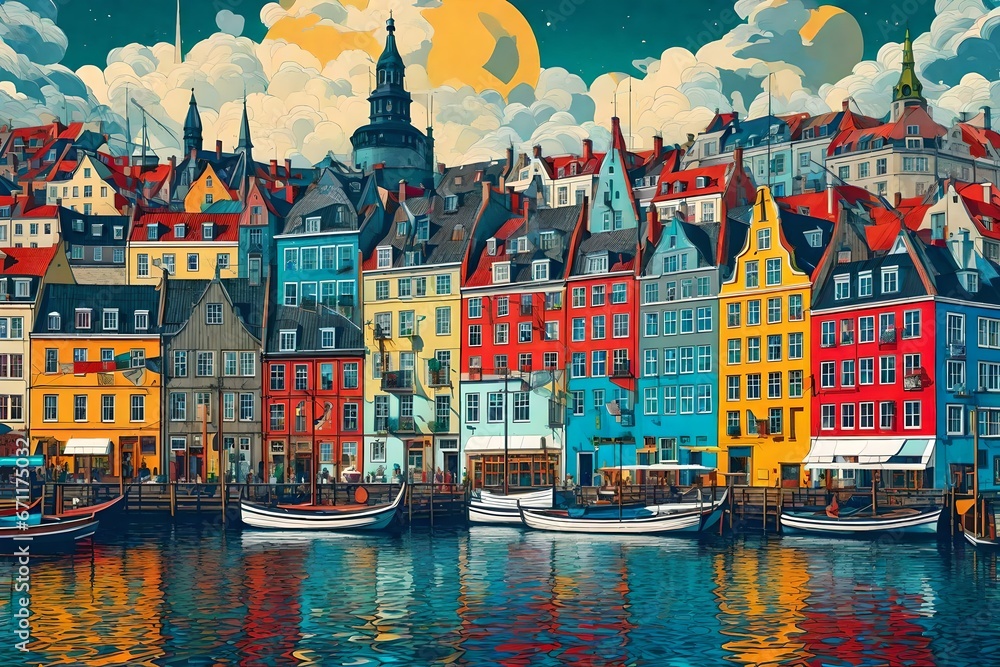 Fototapeta premium A whimsical interpretation of Copenhagen, with dreamlike landscapes and surreal elements