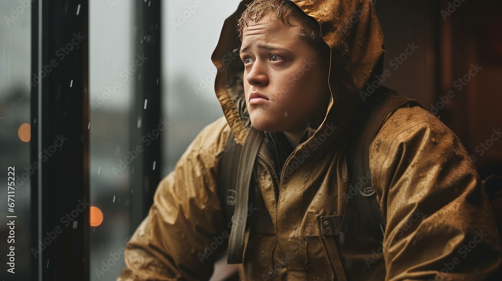 A young man looks out the window with a sad expression after getting wet in the rain. A young man looks out the window with a sad expression after getting wet in the rain.