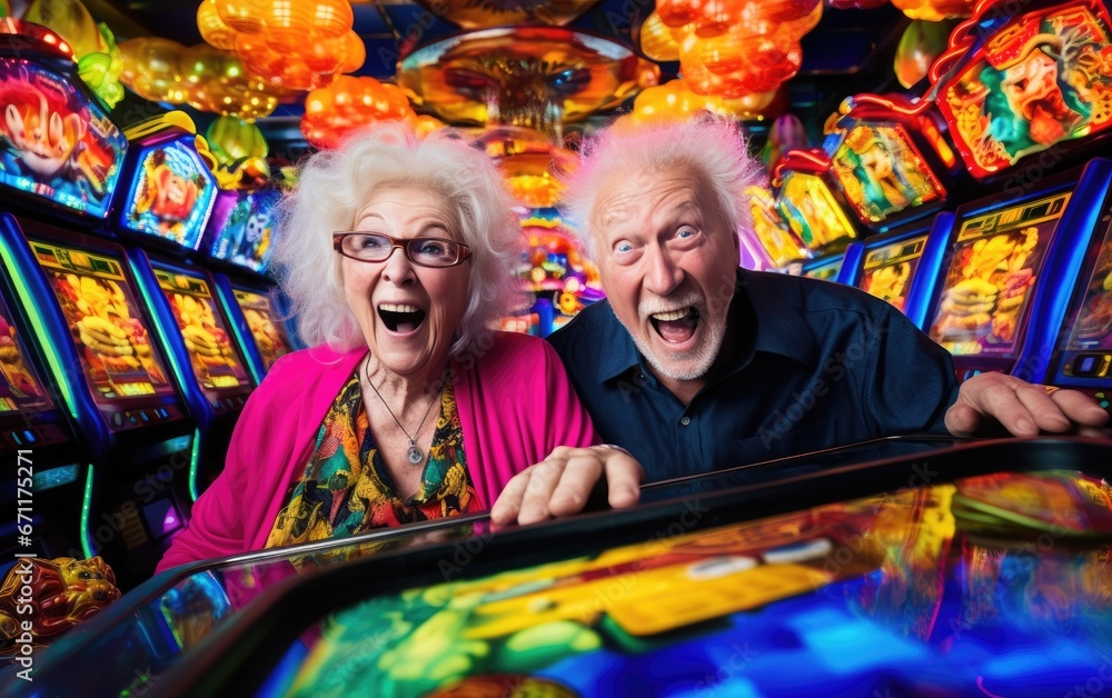 Obraz premium Grandma and grandpa in a crowded casino with slot machines, card tables, chips