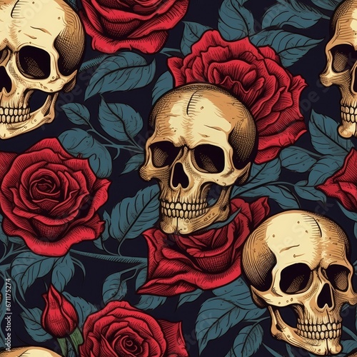 Skulls and roses seamless pattern on a black background