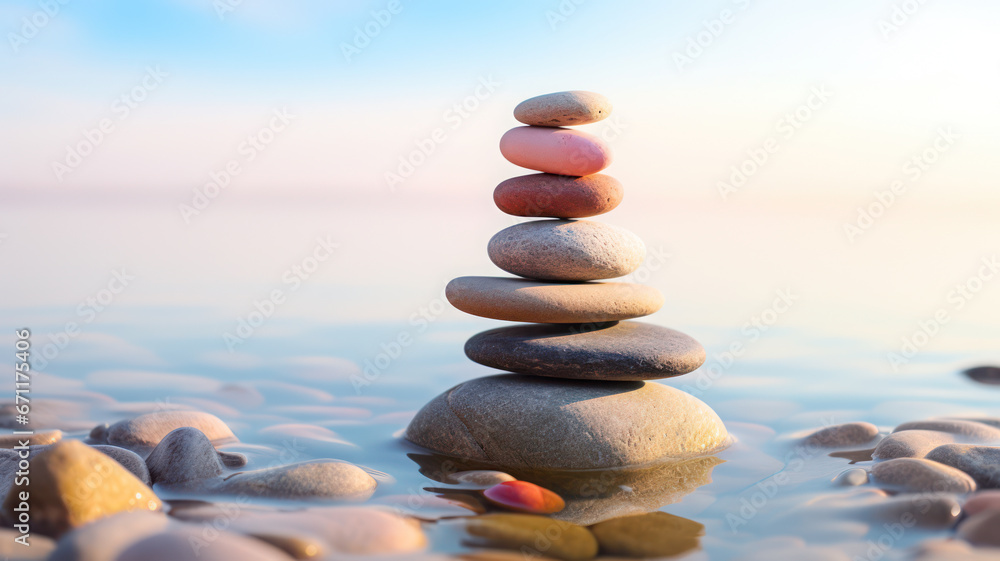 Zen stone tower with peaceful sea and sky bokeh