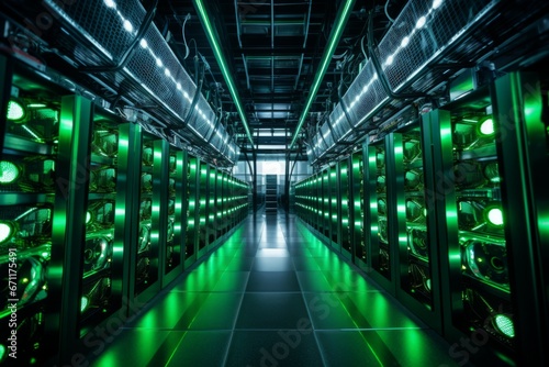 Bitcoin miners in large farm. ASIC mining equipment on stand racks mine cryptocurrency in steel container. Blockchain techology application specific integrated circuit datacenter. Server room lights. photo