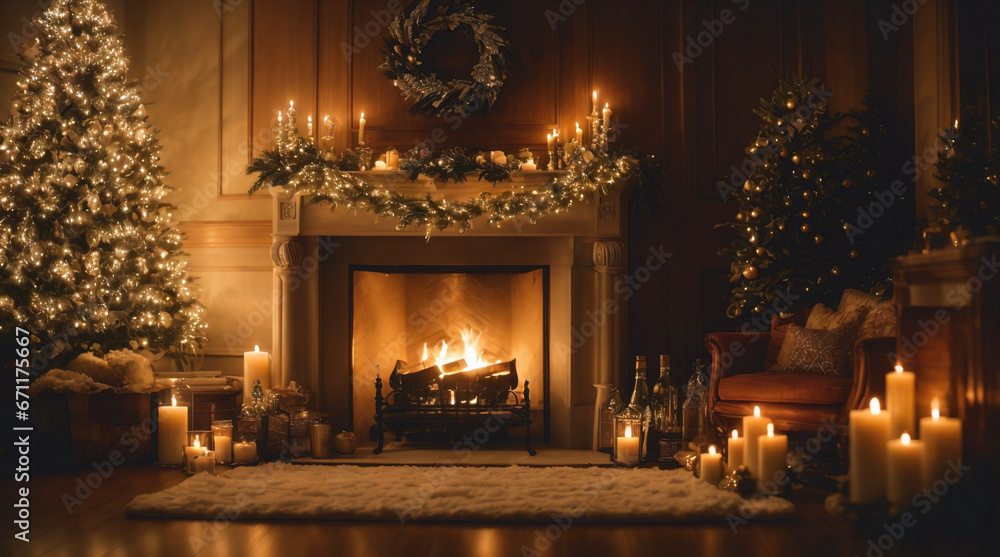 Christmas night decoration fireplace and living room with a christmas tree