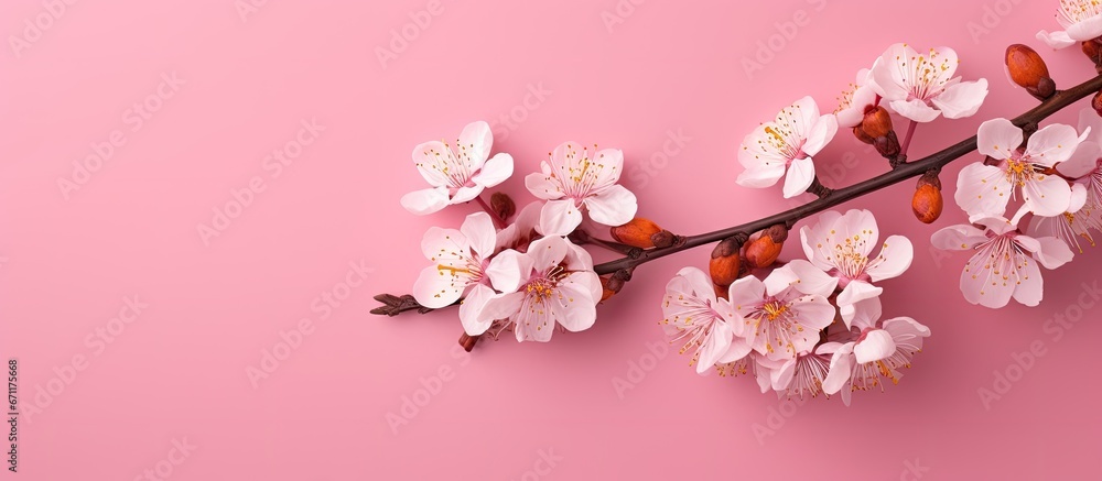 A blooming apricot tree in the spring set against a pink backdrop Ideal design for postcards greeting cards and publications related to gardens and nature