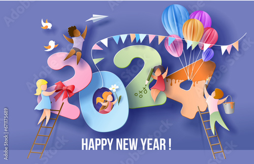 2024 New Year design card with kids on purple background.