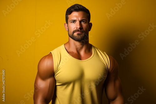 Man with beard and yellow shirt is posing for picture.