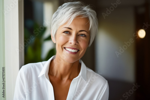 Woman with white shirt smiling at the camera.