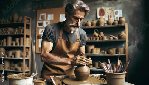 An elderly sculptor molds clay with skilled hands, crafting art in a serene pottery studio.