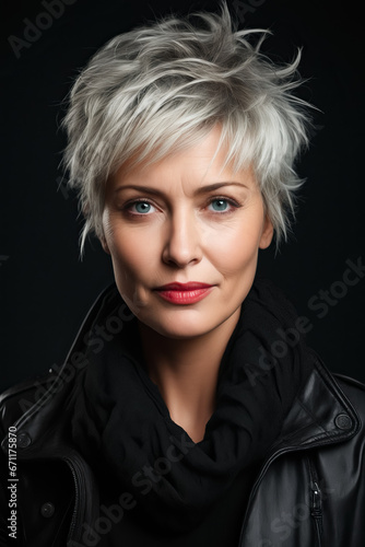 Woman with short white haircut and black jacket.