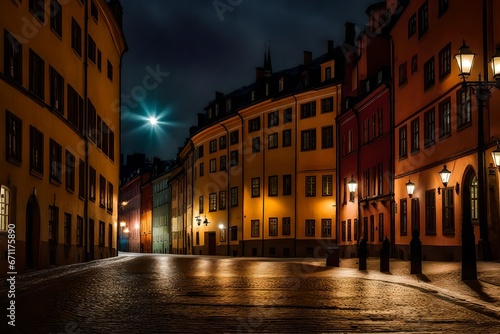 A scenic view of Stockholm's Gamla Stan, cobblestone streets lined with colorful historic buildings, the soft glow of streetlights
