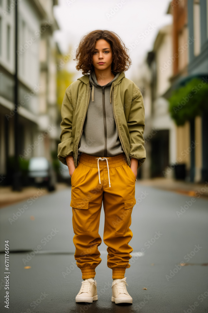 Young man standing on street corner wearing yellow pants.
