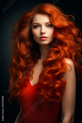 Woman with long red hair with red dress.