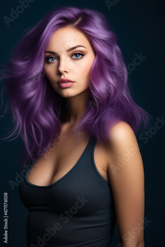 Woman with purple hair and black tank top.