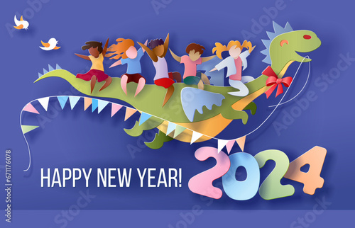 2024 New Year design card with kids flying on dragon on purple background