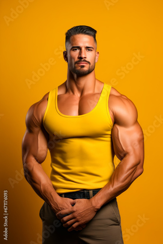Man in yellow tank top posing for picture.