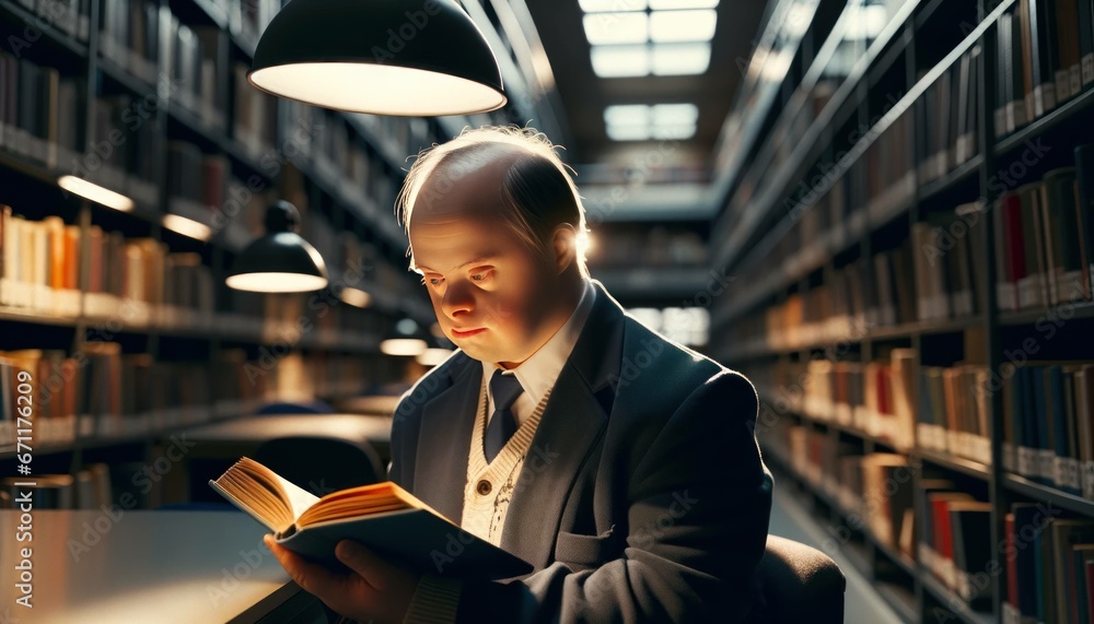 An elderly man with down syndrome reading a book in the library. An elderly man with down syndrome reading a book in the library.