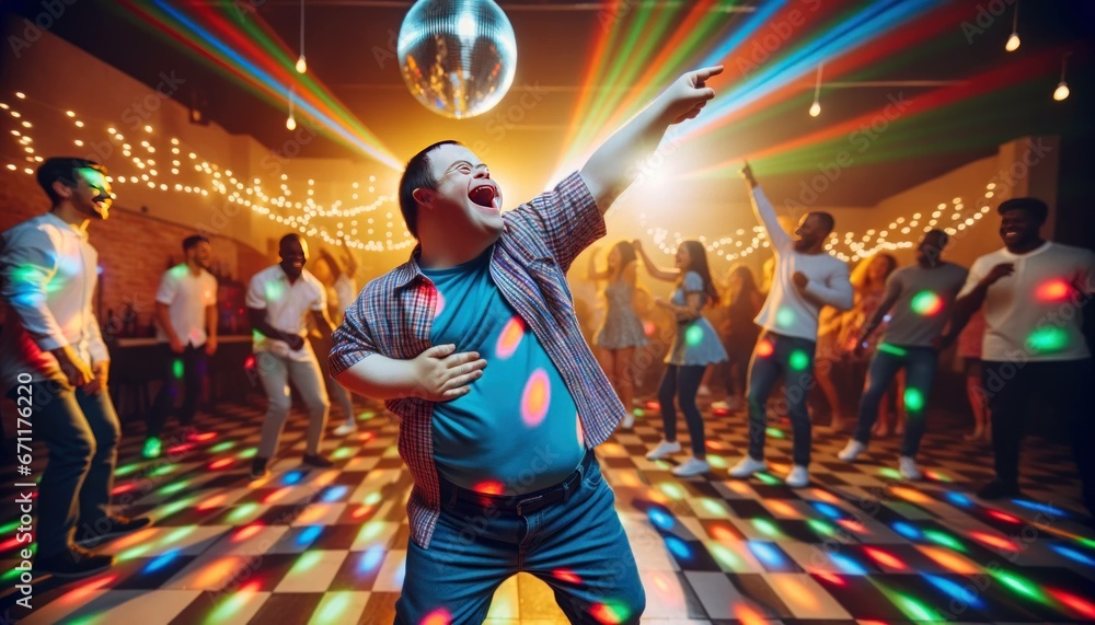 Young man with Down syndrome having fun at the disco. Young man with Down syndrome having fun at the disco.