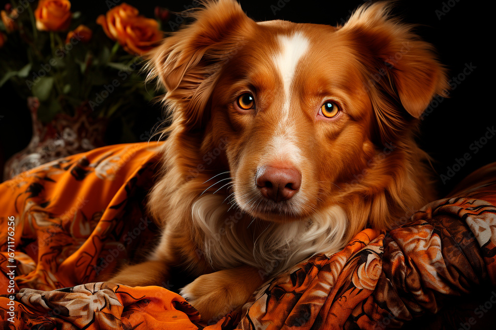 beautiful brown and white dog, with long, soft fur, lying on a sofa, covered with a brown blanket, generative AI beautiful brown and white dog, with long, soft fur, lying on a sofa, covered with a brown blanket, generative AI