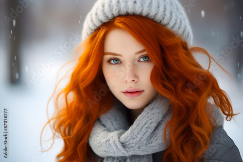 Woman with red hair wearing hat and scarf.