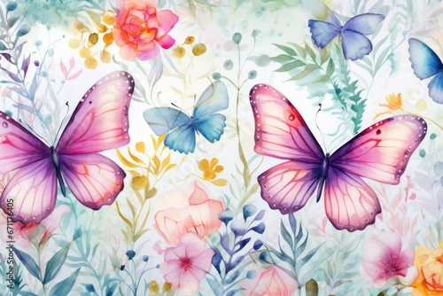 seamless pattern of colored butterflies, A collection of watercolour butterflies Background © Werckmeister