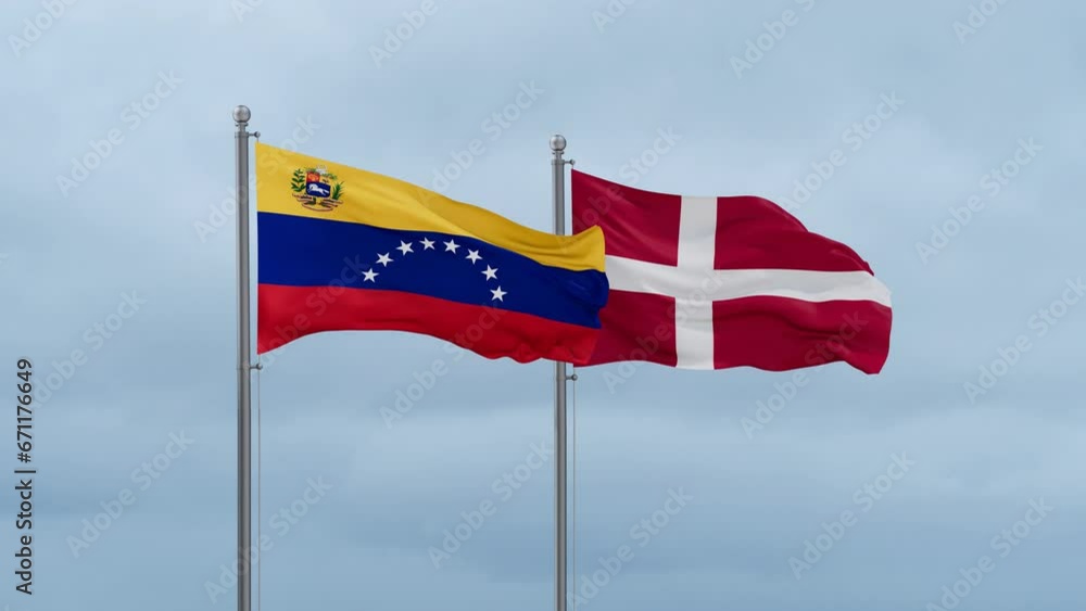 Denmark flag and Venezuela flag waving together on cloudy sky, endless seamless loop, two country relations concept Denmark flag and Venezuela flag waving together on cloudy sky, endless seamless loop, two country relations concept