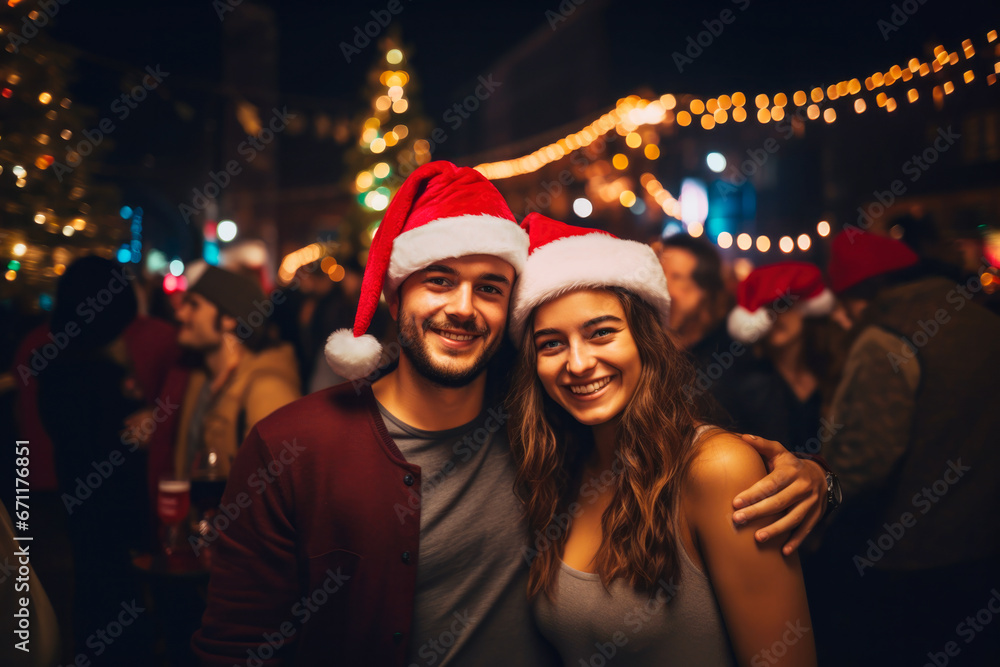 young heterosexual couple partying outdoors at Christmas young heterosexual couple partying outdoors at Christmas