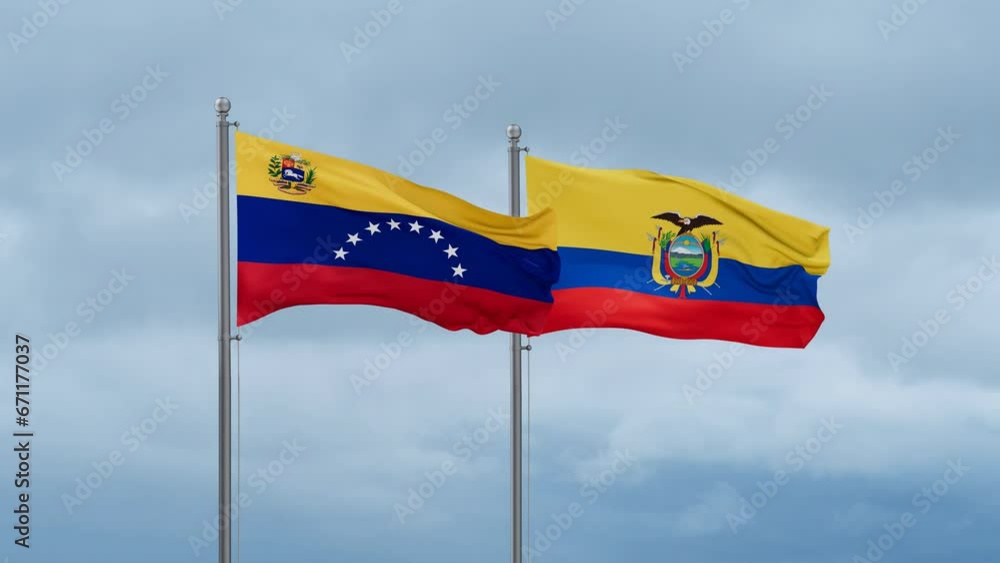 Ecuador flag and Venezuela flag waving together on cloudy sky, endless seamless loop, two country relations concept Ecuador flag and Venezuela flag waving together on cloudy sky, endless seamless loop, two country relations concept
