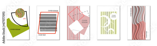 Geometric cover design, set of 5 covers. Abstract unusual background in Memphis style. Bright geometric shapes in random order
