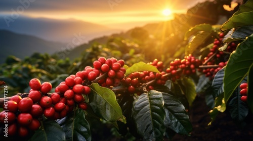 Fresh Coffee Cherry. Coffee beans on coffee plant.