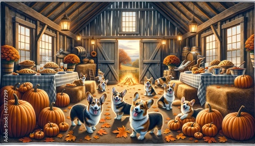 Delve into a rustic barn setting, perfectly capturing the essence of Thanksgiving. Pembroke Welsh Corgis, with their distinct short legs and endearing expressions, merrily frolic among hay bales  photo