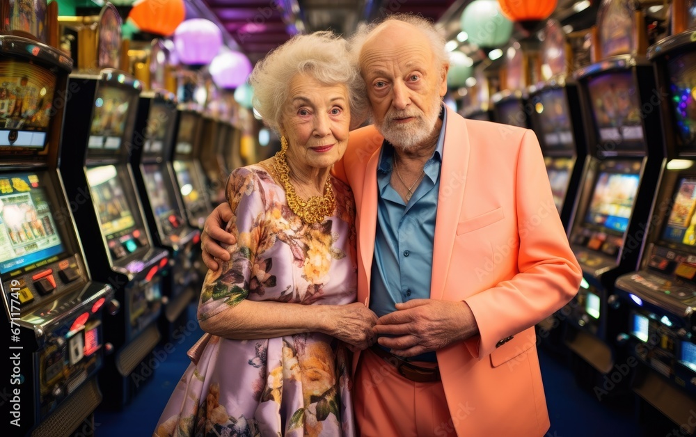 Grandma and grandpa in a crowded casino with slot machines, card tables, chips