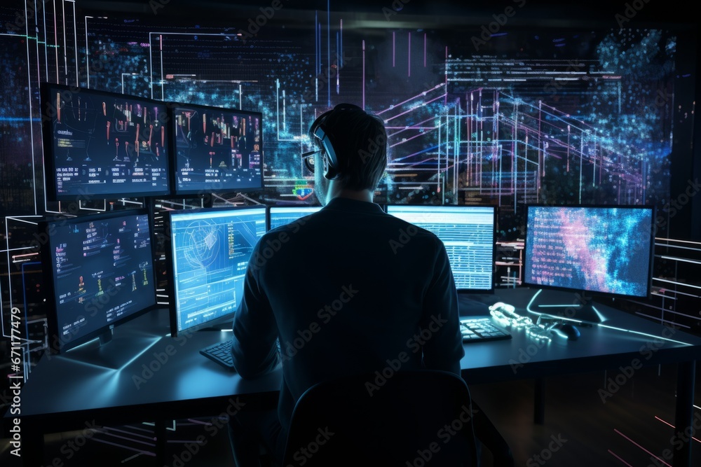 Financial Analyst Working on a Computer with Multi-Monitor Workstation with Real-Time Stocks, Commodities and Exchange Market Charts. Businessman Works in Investment Bank Downtown Office at Night Financial Analyst Working on a Computer with Multi-Monitor Workstation with Real-Time Stocks, Commodities and Exchange Market Charts. Businessman Works in Investment Bank Downtown Office at Night