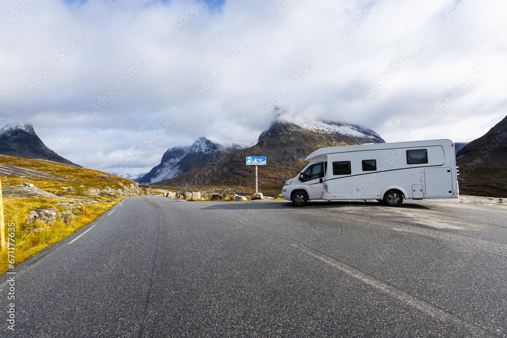 Motorhome camper in autumn in Trollstigen road in Norway, Europe