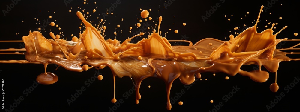 Caramel splash milk sauce chocolate liquid background cream explosion png toffee food falling. Splash caramel candy 3D isolated nougat milk wave swirl fly design syrup condensed black dark white drop. - obrazy, fototapety, plakaty 