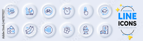 Car registration, No cash and Grill line icons for web app. Pack of Excise duty, Swipe up, Gift pictogram icons. Continuing education, Wallet, Alarm clock signs. Grilled sausage. Vector